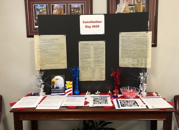 Display table in Financial Aid office celebrating Constitution Day 2020, commemerating the day the U.S. Constitution was signed on September 17, 1787