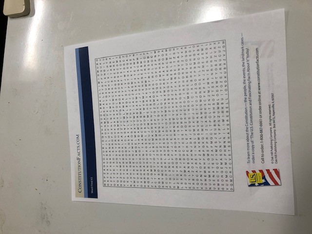 Printed Constitution Day word find game available to students on Constitution Day 2020