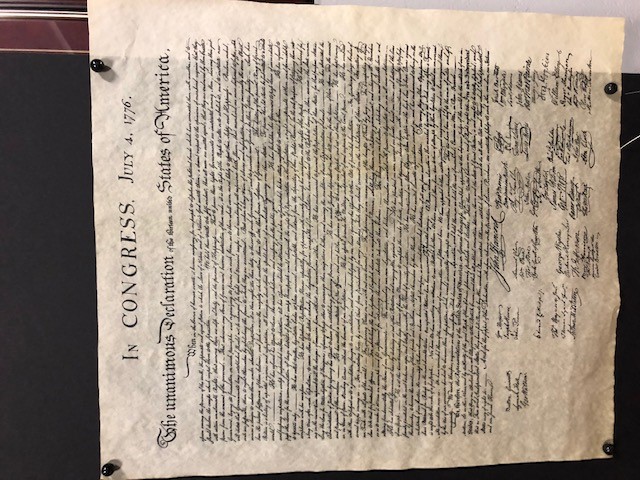 Picture of a copy of Declaration of Independence on display table for Constitution Day 2020