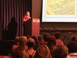 Picture of Professor Meta Copeland speaking to students about Constitution Day