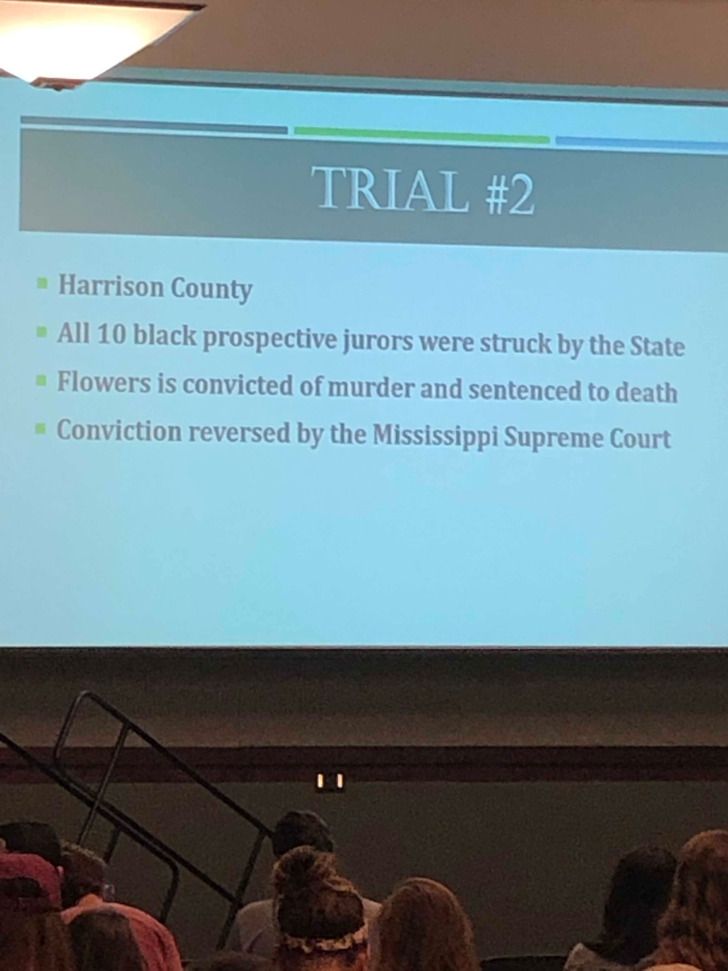 PowerPoint slide of Curtis Flowers 2nd Murder Trial bullet points